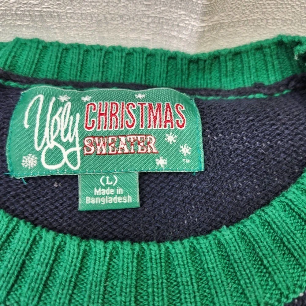 Ugly Christmas Sweater Reindeer Pullover Mens Large Navy Let It Glow Fair Isle